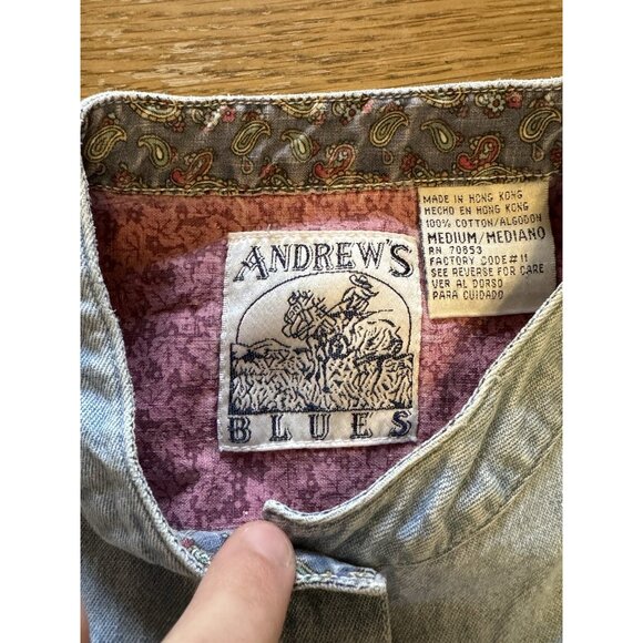 Andrew’s Blues Denim Size Medium Button Up Shirt Cotton Hippie Boho Short Sleeve - Picture 3 of 10